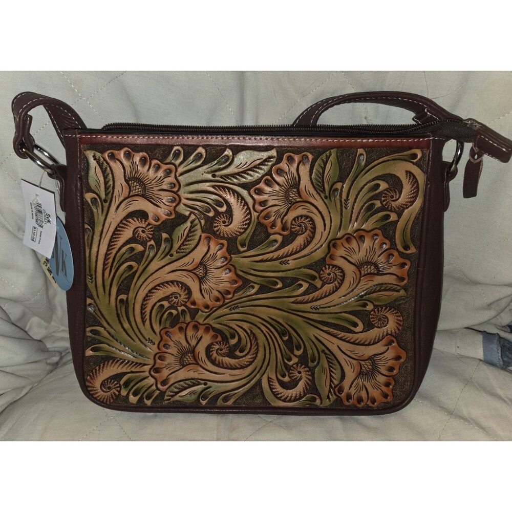 SVK931 Handbag Tooled Floral Leather Crossbody Purse Brown Green